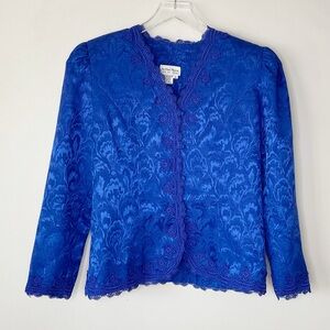 Vintage 80s 90s Jacquard and Lace Cobalt Blue Jacket Size 12